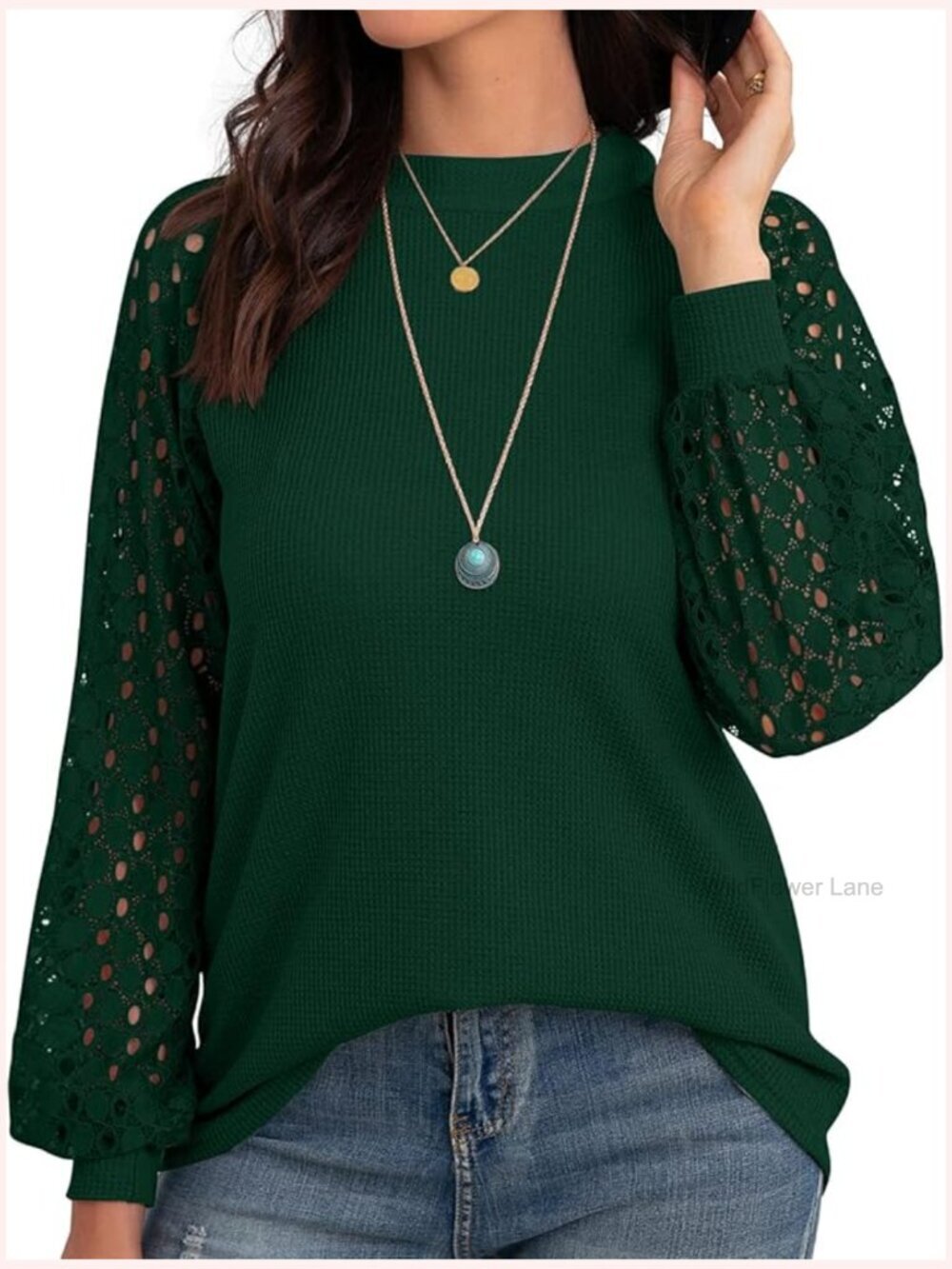 Waffle Knit Blouse Puff Long Sleeve Lace Tops Casual Loose T Shirts